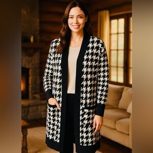 Isaac Mizrahi Black & White Houndstooth Open-Front Cardigan Size S